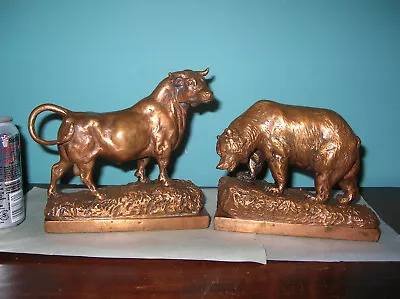 Antique Bull And Bear Wall Street Bookends Pompeian Bronze Clad Paul Herzel • $725