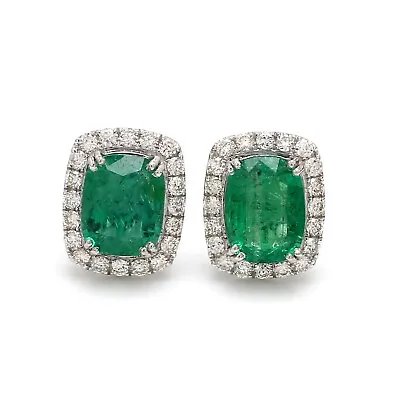 Zambian Emerald SI/H Diamond Halo Stud Earrings 14k White Solid Gold 6.10 Tcw • $2380.50