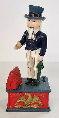 Uncle Sam Metal Mechanical Coin Bank Cast Iron Patriotic 11  Working • $20