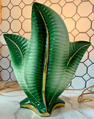 MINT! Mid Century Esco-Lite Ceramic TV Lamp 3 Palm Leaves Green Gold Back Light • $118.88