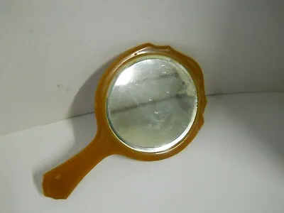 Vintage Bakelite Celluloid Hand Vanity Mirror Caramel Beveled Glass  • $22.36