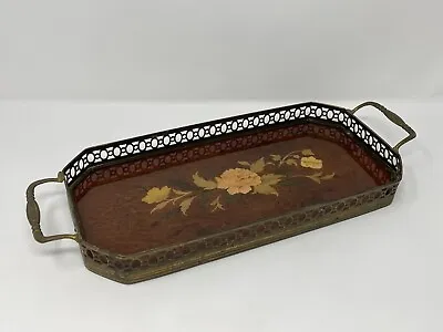 Italian Inlaid Wood Serving Tray Marquetry With Brass Frame/Handles Vtg. Sorento • $50