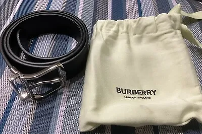 Men's Burberry Navy Check Black Leather Reversible Belt Size 38 • $279.98