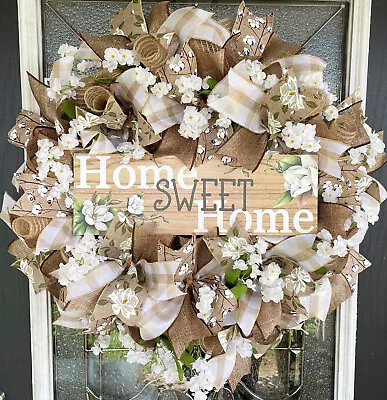 Home Sweet Home Magnolia & Cotton Deco Mesh Front Door Wreath Fall Spring Summer • $155