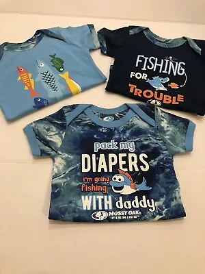 Infant Boys Blue Daddy's Fishing Buddy 3 Pack Bodysuit Set Size 18 M • $14.99