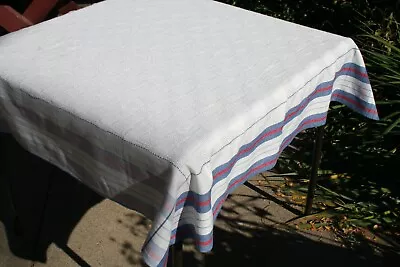 Vintage Blue Red Stripe Border Tablecloth Woven Squares 45 X 49  Rectangle • $18.95