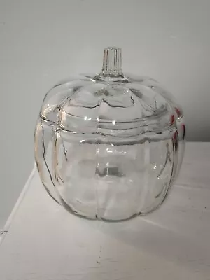 Vintage Anchor Hocking Pumpkin Candy  Cookie Jar Clear Glass 2 Pc W/ Orig Box • $4.95