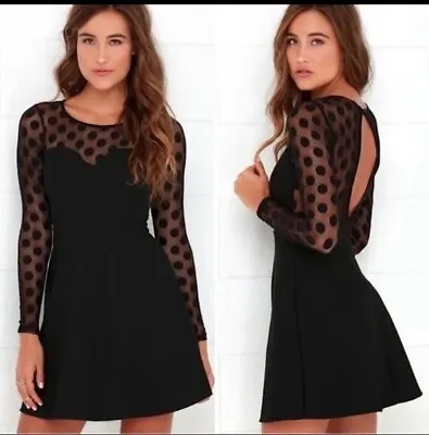 Lulus Polka Dot Mesh Long Sleeve Skater Dress Medium • $24