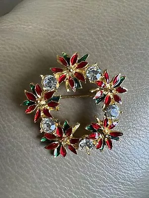 VAN DELL Vge Christmas Brooch Pin Wreath Poinsettia Flower Enamel Rhinestone • $12