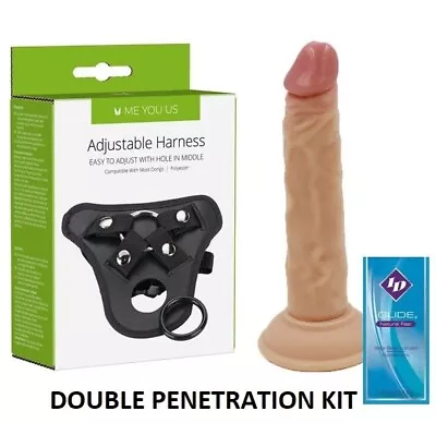 Male Strap On Harness For Double Penetration With 7.5 Inch Flesh Dildo + LUBE • £14.99