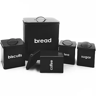 5pc Black Metal Bread Bin Sugar Coffee Tea Enamel Coated Storage Canisters Set • £18.85