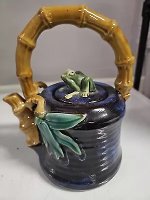 Vintage BLUE Glazed Pottery Teapot Leaves & Bamboo Accents Frog Finial Oriental • $20.21