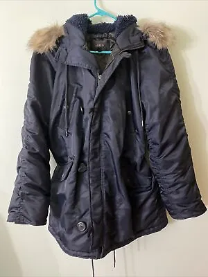 J CREW Military Parka Coat M Black Hooded Removable Fur Trim 06823 • $39.60