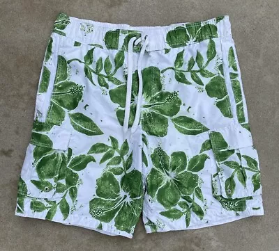 Mossimo Supply Co Men’s Hawaiian Cargo Swim Board Shorts Large Green/White • $14.59