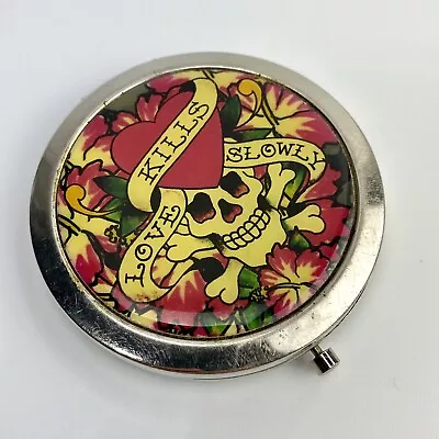 Ed Hardy Portable Makeup Compact Double Magnifying Mirror LOVE KILLS SLOWLY • $12.99