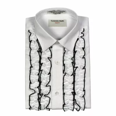 New Men's White Black Ruffled Ruffles Tuxedo Shirt Spread Collar Slim Fit Fitted • $65.99