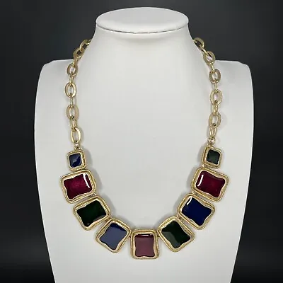 Vtg Jelly Enamel Necklace Mogul Mughal Jewel Tones Matte Gold Panel Chain 20” • $19.99