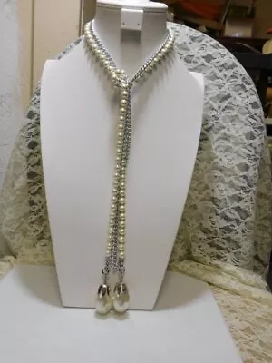 J500-vintage Necklace/belt~faux Pearls/silver Tone Chain~tie Style~36  • $15.50