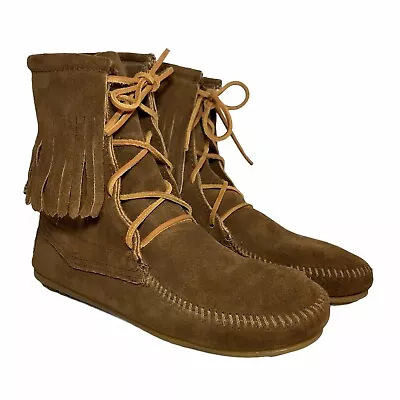 Minnetonka Tramper 428 Women’s High Ankle Moccasin Boots Brown Suede Fringe US 6 • $39