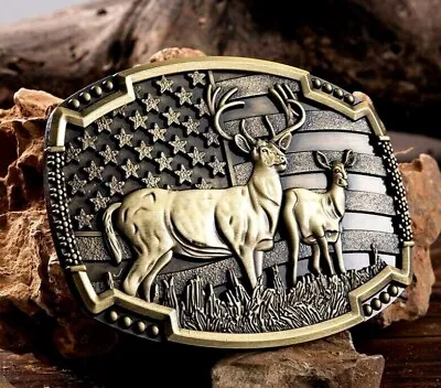 Metal Belt Buckle 4 X3  Deer Hunter Western USA Flag Background  For 1.5  Belt • $9.99