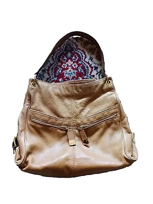 Michael Kors Tan Leather Slouch Handbag Gold Zipper Chunky Rings Buttery Soft • $42