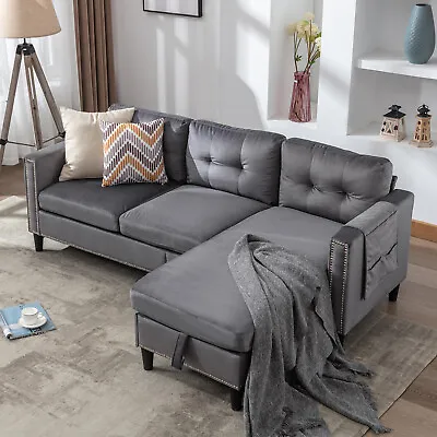 Gray Velvet L Shape Convertible Sofa Couch Reversible Chaise With Storage USB • $308.99