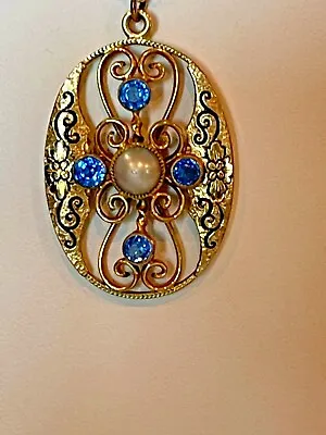 Vintage Art Deco Simmons 10kgp Blue Glass Faux Pearl Gemstone Necklace • $80