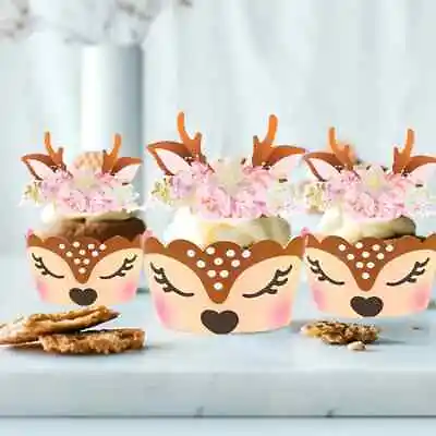 12 Deer Picks And Wraps Party Decorations Cupcake Wrappers Baby Shower Birthday • $8.16