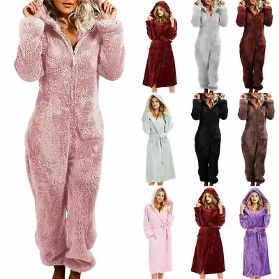 $40.56 • Buy Women Winter Warm Hooded Fleece Dressing Gown Fluffy 1Onesie Jumpsuit Bathrobe
