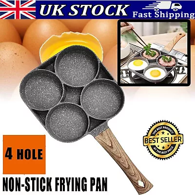 4 Hole Egg Pan Burger Ham Pancake Maker Wooden Handle Frying Grill Non-stick UK • £8.69