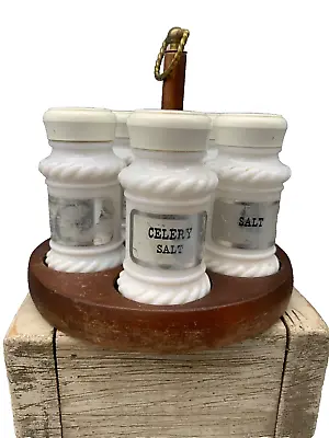 Vintage Milk Glass Spice Jars With Wooden Spice Caddy Holder • $11