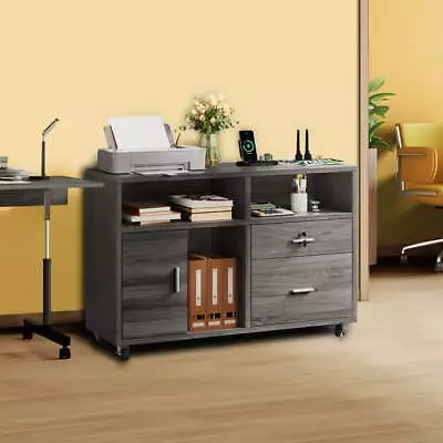 Mobile Lateral 2 Drawer Wood File Cabinet With Charging Station For Home Office • $92.99