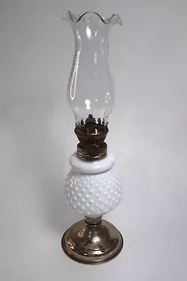 Vtg Milk Glass Mini Oil Lamp HONG KONG Hobnail Dot Emboss Pattern +Glass Chimney • $14.99