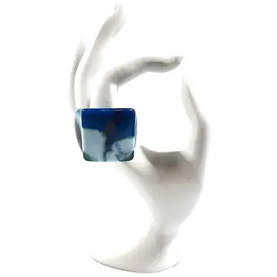 Funky Chunky Retro Square Shaped Blue Marbled Lucite Ring Size 11.5 • $12