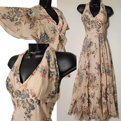 Vintage Arjon California 60s 70s Chiffon Halter Maxi Dress Sz 7 W/ Batwing Shrug • $88