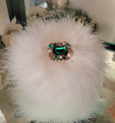 LARGE Powder Puff Body Dusting Ivory Fur Puff Down Feather Trimmed Emerald Pearl • $44.95