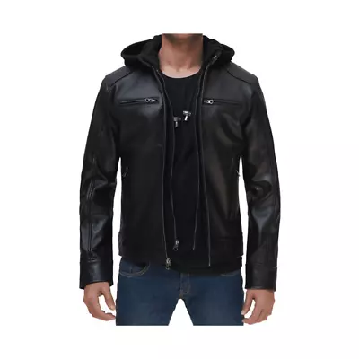 Mens Black Leather Jacket With Hood And Zipper Cuffs Mens Black Leather Jacket • $130.02