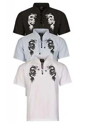 New Men Tie Front  Chinese Dragon Granddad Collar Top Polo T-Shirt S To 6XL • £12.95