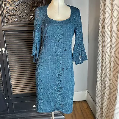 Marina Bell Sleeve Lace Glitter Teal Bodycon Midi Dress 8 • $50