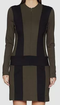 $690 Nicole Miller Women's Green Ponte Zip-Up Long Sleeve Sheath Dress Size L • $107.98