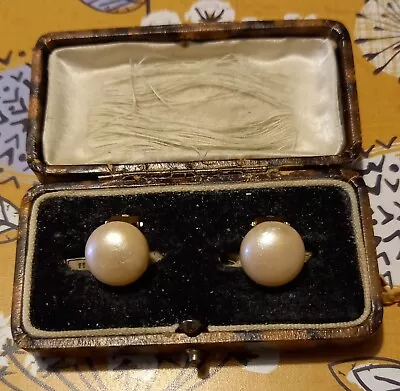 VINTAGE GOLDTONE ROUND FAUX PEARL PINK CLIP ON EARRINGS 80s 90s LOVELY VGC • £4