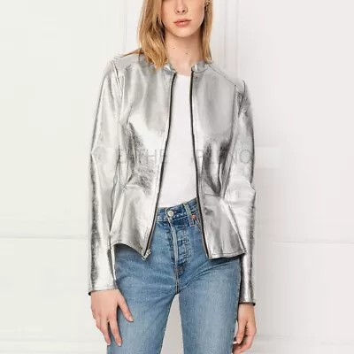 Metallic Silver Women Peplum Leather Jacket Party Style Pure Leather Jacket -124 • $153.62