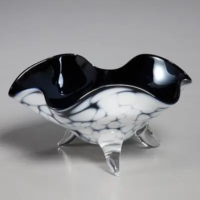 Murano Art Glass Black And White Sommerso Footed Ruffled Bowl 6.5  Vintage • $100