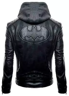 New Batman Logo Motorcycle Brando Biker Real Leather Hoodie Jacket - Detach Hood • $88.98
