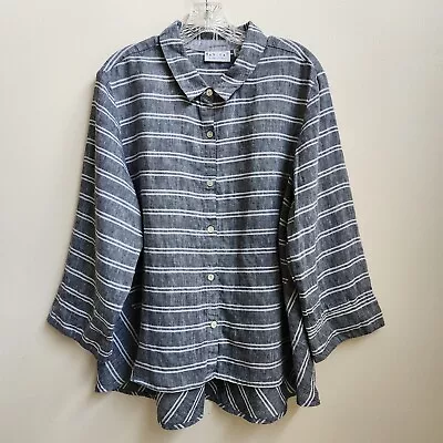 Habitat Clothes To Live In Shirt Womens XL Linen Gray Stripe Lagenlook Button Up • $29.92