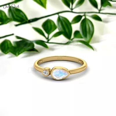 Natural Rainbow Moonstone & 2mm White Diamond Ring 14k Solid Gold Gemstone Band • $348.59