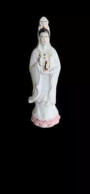 KWAN-YIN Quan Yin Guanyin Vintage Statue Porcelain 10  Pink Lotus Gold Gilding • $14