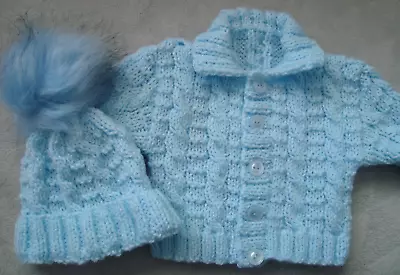 Hand Knitted Baby Boys Cardigan/Jacket And Hat Blue Newborn • £13.99