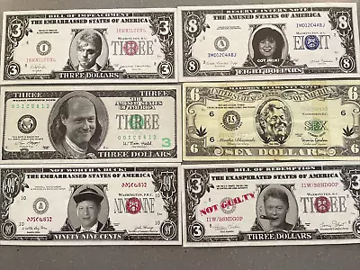 6 Novelty Dollar Bills Bill Clinton Not Guilty Franklin Babylon LOT MINT • $15