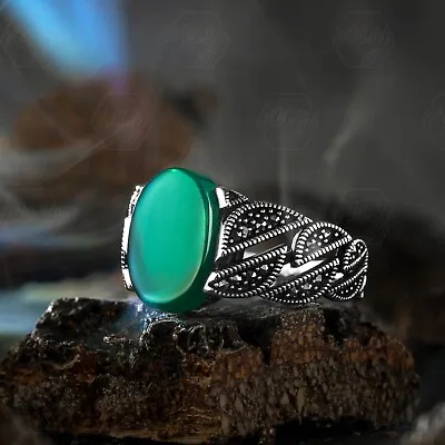 925 Sterling Silver Green Agate And Marcasite Stone Turkish Men's Ring • £30.31